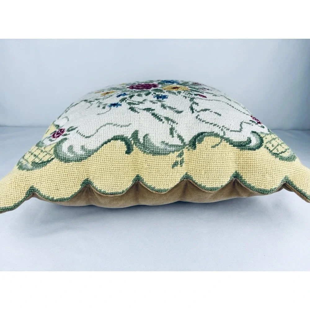 Needlepoint Pillow - Floral Design, Velvet Back, Cottagecore Flowers Grannycore